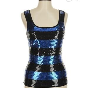 Blue Black Sequin Silk Stretch Tank Top
